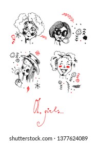 hand drawn collection of sketches of different gils' faces. Body positive image.