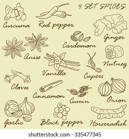 Hand Drawn Collection Of Spices Icons. Big Set Of Sketch Objects. Vector Illustration With Food Ingredients. Spice Mix And Organic Products