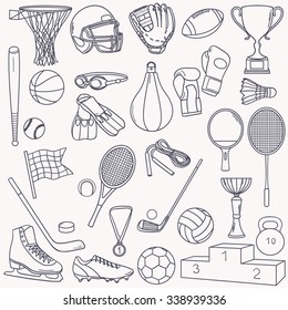 Hand drawn collection of sports equipment. Big set of sketch objects. Black and white illustration with sport icons. Decorative elements of different sports. Design backdrop