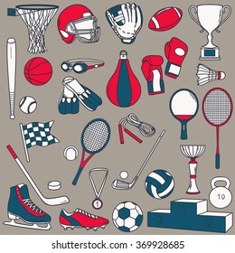 Hand drawn collection of sports equipment. Big set of sketch objects. Colorful illustration with sport icons. Decorative elements of different sports. Design backdrop