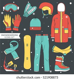 Hand drawn collection of sports equipment. Big set of sketch objects. Colorful illustration, extreme sport icons. Decorative elements of snowboarding. Design backdrop vector, winter activities