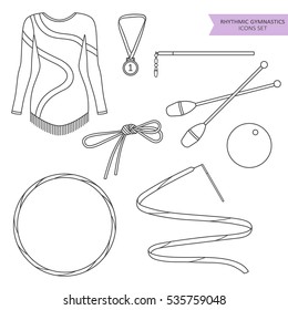 Hand drawn collection of sports equipment. Set of black and white objects. illustration with sport icons. Decorative elements of rhythmic gymnastics
