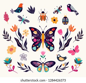 Hand drawn collection of spring /summer elements with butterflies, birds and flowers