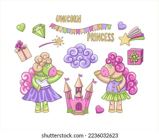 
Hand drawn collection of stickers for kids, girls and boys. Pony, castle, gift boxes, clouds, castle, flags, stars, rainbow. Icons for holiday and party