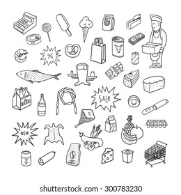 Hand drawn collection of supermarket symbols. Food, drinks, bakery. 