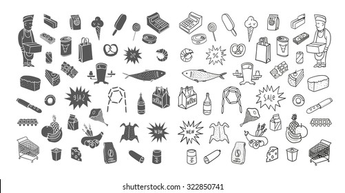 Hand drawn collection of supermarket symbols. Food, drinks, bakery. 