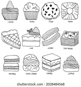 Hand drawn collection of sweet and bakery food set on white background. Vector illustration in doodle art style