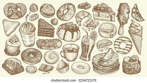 Hand drawn collection sweet desserts. Food and drink sketch set for cafe or restaurant menu. Vintage vector illustration