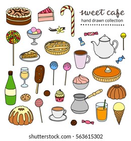Hand drawn collection of sweets, cakes, ice cream, pies, coffee, tea isolated on white background.
