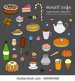 Hand drawn collection of sweets, cakes, ice cream, pies, coffee, tea isolated on chalkboard background.