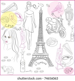 Hand drawn collection of symbols of Paris. Vector illustration