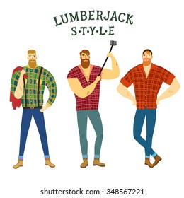 Hand drawn collection of three cartoon fashionable lumber-sexual men. Fashion lumberjack illustration for your design.