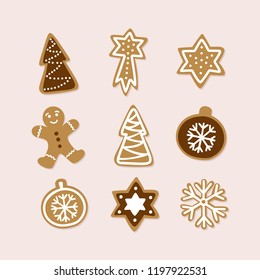 Hand drawn collection of traditional Christmas cookie. Cute gingerbread set. Vector illustration.