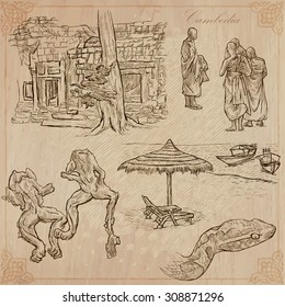 An hand drawn collection, Travel - CAMBODIA. Description, Vector freehand sketches. Editable in layers and groups. Background is isolated. (Things, buildings, etc. are named inside the file.)