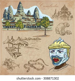 An hand drawn collection, Travel - CAMBODIA. Description, Vector freehand sketches. Editable in layers and groups. Background is isolated. (Things, buildings, etc. are named inside the file.)