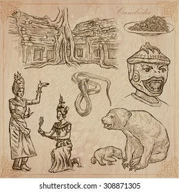 An hand drawn collection, Travel - CAMBODIA. Description, Vector freehand sketches. Editable in layers and groups. Background is isolated. (Things, buildings, etc. are named inside the file.)