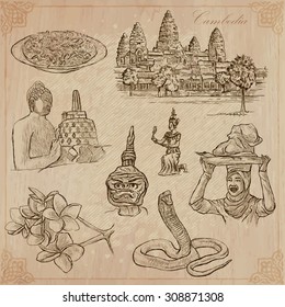 An hand drawn collection, Travel - CAMBODIA. Description, Vector freehand sketches. Editable in layers and groups. Background is isolated. (Things, buildings, etc. are named inside the file.)