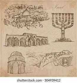 Colección dibujada a mano, Travel - ISRAEL. Descripción, bocetos vectoriales. Editable en capas y grupos. El fondo está aislado. (Las cosas, los edificios, etc. son nombrados dentro del archivo.