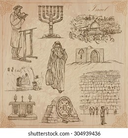 An hand drawn collection, Travel - ISRAEL. Description, Vector freehand sketches. Editable in layers and groups. Background is isolated. (Things, buildings, etc. are named inside the file. svg