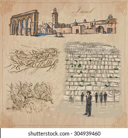 An hand drawn collection, Travel - ISRAEL. Description, Vector freehand sketches. Editable in layers and groups. Background is isolated. (Things, buildings, etc. are named inside the file.