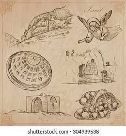 An hand drawn collection, Travel - ISRAEL. Description, Vector freehand sketches. Editable in layers and groups. Background is isolated. (Things, buildings, etc. are named inside the file. svg