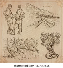 An hand drawn collection, Travel - ISRAEL. Description, Vector freehand sketches. Editable in layers and groups. Background is isolated. (Things, buildings, etc. are named inside the file.