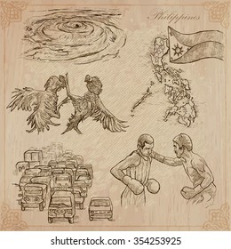An hand drawn collection, Travel - PHILIPPINES. Description, Vector freehand sketches. Editable in layers and groups. Background is isolated. (All things are named inside the vector.)
