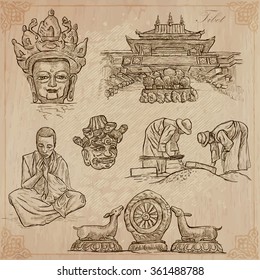 An hand drawn collection, Travel, TIBET, Pictures of Life. Description - Vectors, freehand sketching. Editable in layers and groups. Background is isolated. All things are named inside the vector pack