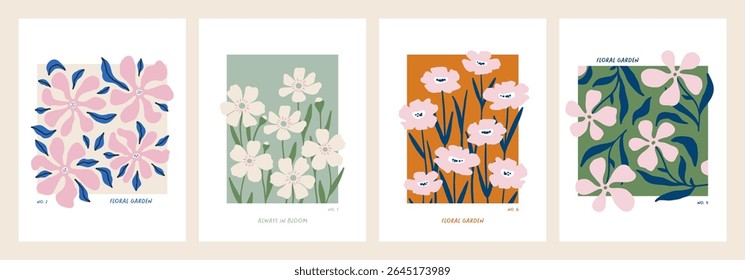 Hand drawn collection of trendy abstract floral posters or cards. Whimsical botanical prints for summer design, Womens day, Valentines day. Cute lovely summer prints. Flat vector illustration