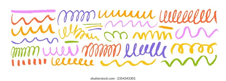 Hand drawn collection of underline spiral strokes in brush doodle style. Vector scrawls elements, swashes, swirls and curly lines. Abstract colorful lines and waves. Chaotic multi colored scribbles.