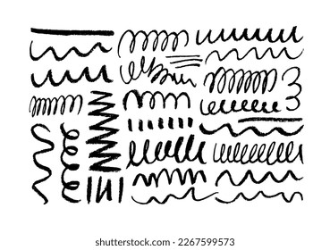 Hand drawn collection of underline strokes in brush doodle style. Vector scrawls elements, swashes, dots and curved lines. Abstract black vector lines and shapes. Chaotic black scribbles.
