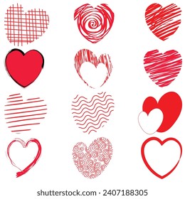 Hand Drawn collection of Valentine hearts set with Scribble fill isolated on a white background.  For Poster, Website, valentines or mothers day cards 