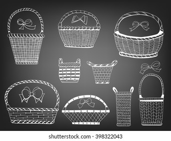 Hand  drawn collection of various baskets and bows on white background.