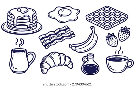 Hand drawn collection of various breakfast food items including pancakes bacon waffles eggs coffee and fresh fruit in dark blue