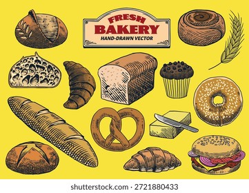 Coleção desenhada à mão de vários tipos de padaria do pão