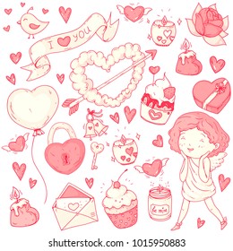 A hand drawn collection of vector doodle on valentine theme, colored, in light pink gamma, with cupid, cupcakes, love candles, balloon and gift box