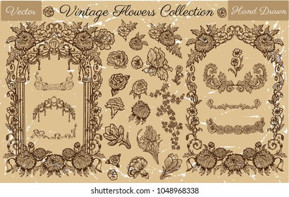 Hand drawn collection with vector engraved flowers and old filigree frames for cards, invitations, posters, banners, badge, logo, web design. Graphic illustrations in vintage style