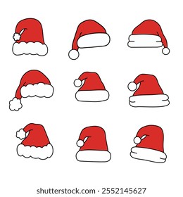 Hand Drawn Collection Vector  Images, Collection Of Hand Drawn Santa Hats Vector, Hat Clipart, Santa Claus