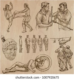 An hand drawn collection, vector pack - WARRIORS, Fighters. Line art technique.