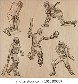 An hand drawn collection, vector pack. Sporting events. Team sport - CRICKET. Cricketers in action. Line art technique.