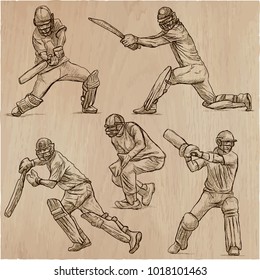 An hand drawn collection, vector pack. Sporting events. Team sport - CRICKET. Cricketers in action. Line art technique.