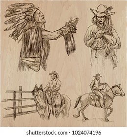 An hand drawn collection, vector pack - WILD WEST, American frontier and Native Americans. Early Western Life in North America. Line art technique.