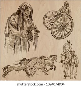 An hand drawn collection, vector pack - WILD WEST, American frontier and Native Americans. Early Western Life in North America. Line art technique.