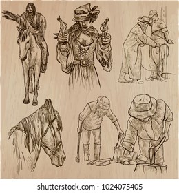 An hand drawn collection, vector pack - WILD WEST, American frontier and Native Americans. Early Western Life in North America. Line art technique.