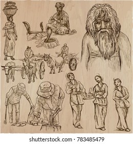 An hand drawn collection, vector pack - Group of PEOPLE and Natives around the World. Line art technique.