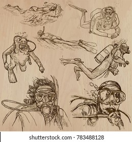 An hand drawn collection, vector pack - DIVING. Outdoor and underwater activities, Divers. Extreme and adrenaline sporting events. Diver. Line art, freehand drawing techniques.