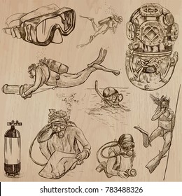 An hand drawn collection, vector pack - DIVING. Outdoor and underwater activities, Divers. Extreme and adrenaline sporting events. Diver. Line art, freehand drawing techniques.