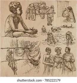 An hand drawn collection, vector pack - Group of PEOPLE and Natives around the World. Line art technique.