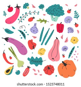 hand drawn collection of vegetables. Doodle style veggies set of organic products for  farming, market or fair. Isolated vector illustrations of tasty fresh organic food for restarant, menu