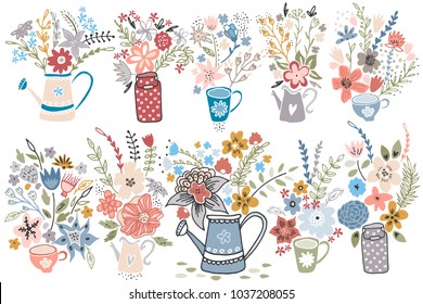 Hand drawn collection vintage colorful flower compositions in bo